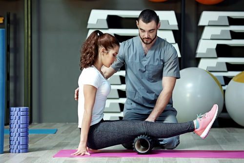 Rehabilitation,Concept.,Young,Woman,Doing,Exercises,Under,Physiotherapist,Supervision